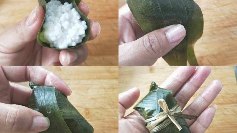 水晶粽子,捏住两端,往里收一下
将剩余的粽叶覆盖翻下来
在粽身缠绕几圈
用马蹄莲在粽叶收口处,缠绕直至扎紧系好