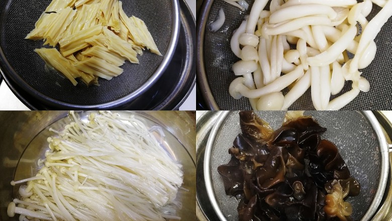 水煮龙利鱼,腐竹水开焯10秒,白玉菇水开焯30秒,<a style='color:red;display:inline-block;' href='/shicai/ 234'>金针菇</a>水开焯10秒,最后水开焯木耳2分钟。