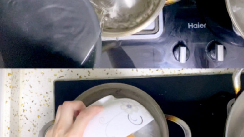 菠菜猪肝粥,锅中加入1500ml清水,倒入泡好的大米,大火烧开