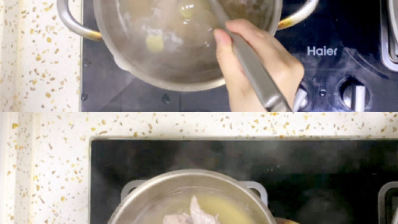 菠菜猪肝粥,开锅后撇去血沫,煮1至2分钟,捞出过冷水