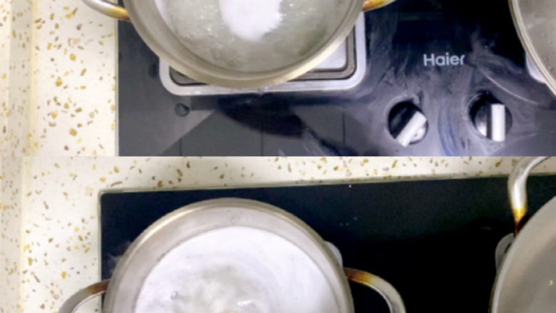 菠菜猪肝粥,开锅后转小火,不停搅拌