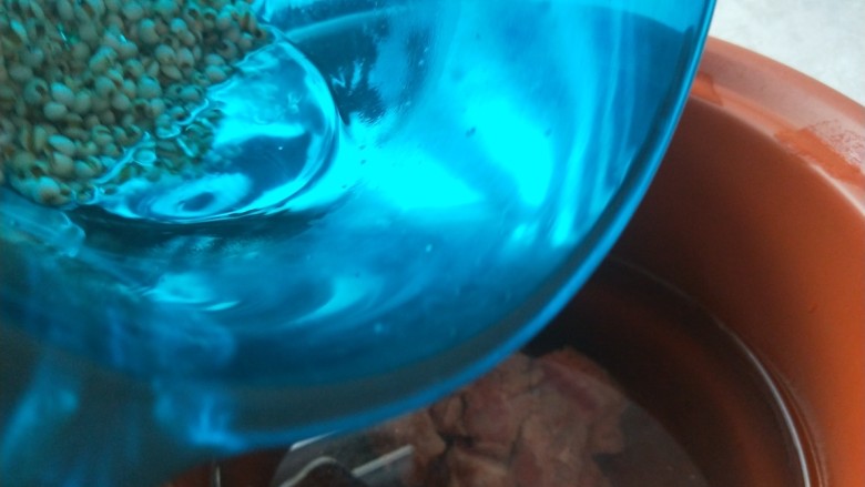冬瓜薏米排骨汤,电包锅加入适量水,倒入排骨,薏米。