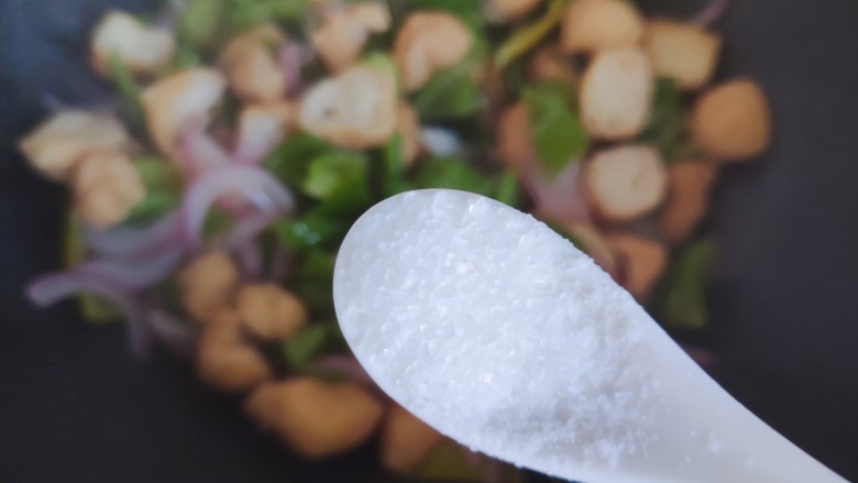青椒炒豆腐,待锅内汤汁差不多收紧,加一小勺细盐