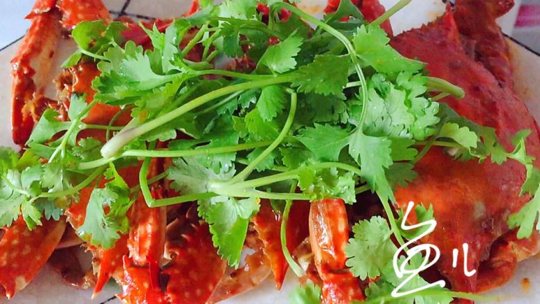 香辣梭子蟹,螃蟹装入盘中,上面放<a style='color:red;display:inline-block;' href='/shicai/ 131'>香菜</a>
