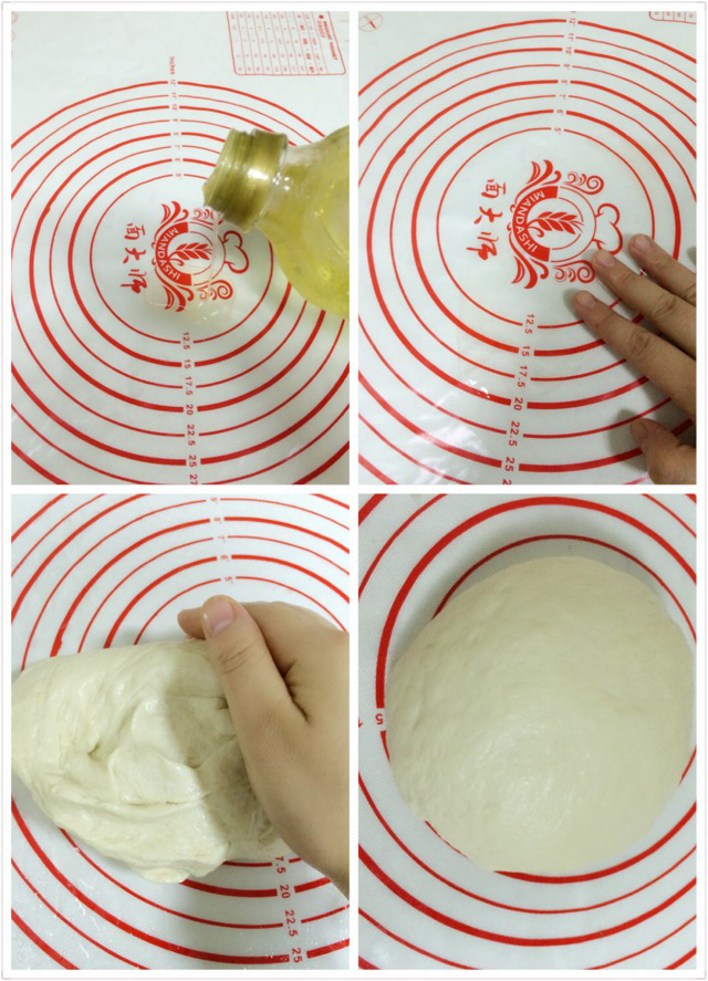 油条,将和面垫上用手抹一层油,(这样手上也有油就不会沾了)再将发好的面放到和面垫上揉几下成团即可;