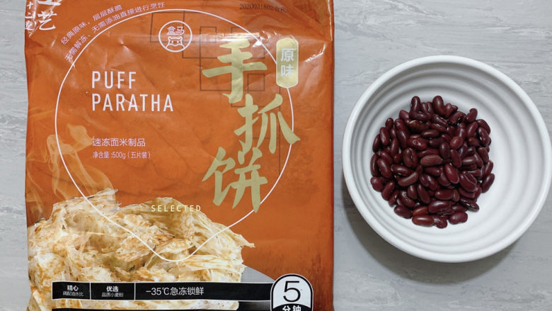红豆派,食材如图,所示示意。<a style='color:red;display:inline-block;' href='/shicai/ 4071'>手抓饼</a>、红豆(图为大红豆)