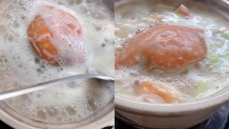潮汕海鲜粥,大火煮至沸腾之后,转小火慢慢煲煮,期间将面上的白沫浮去。