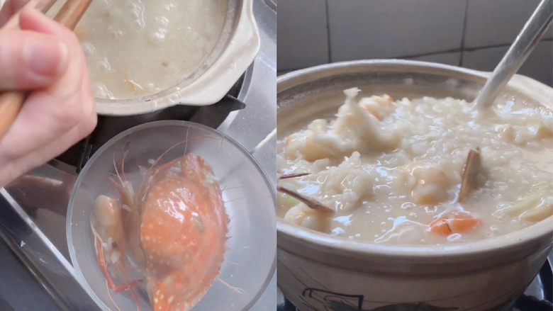 潮汕海鲜粥,米汤逐渐粘稠之后,将蟹壳虾头取出,将鲜活的虾肉蟹肉加入其中,煮到熟。