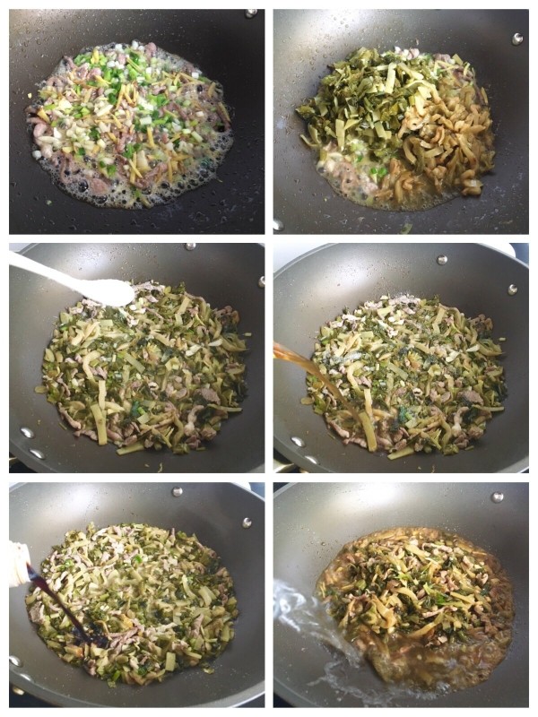 雪菜肉丝面,接着把葱白姜蒜下锅爆香,把雪菜和榨菜都放进去,炒至两分钟,炒的时候可以用锅铲拍一拍使其鲜味出来,然后均匀放盐,沿锅边洒入<a style='color:red;display:inline-block;' href='/shicai/ 718'>料酒</a>,倒入酱油,加开水