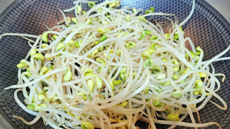 豆芽炒粉条,黄豆芽放入锅中,炒去水分