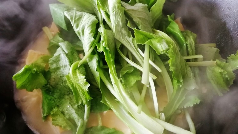 小白菜炖豆腐,放入小白菜。