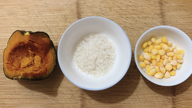 玉米南瓜粥,食材如图,所示示意。