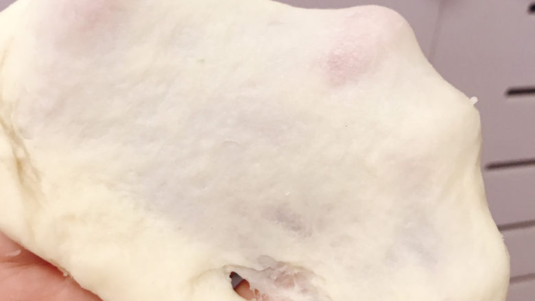 酒浸蔓越莓软欧,用手揉至光滑,可以拉出比较有韧性的膜