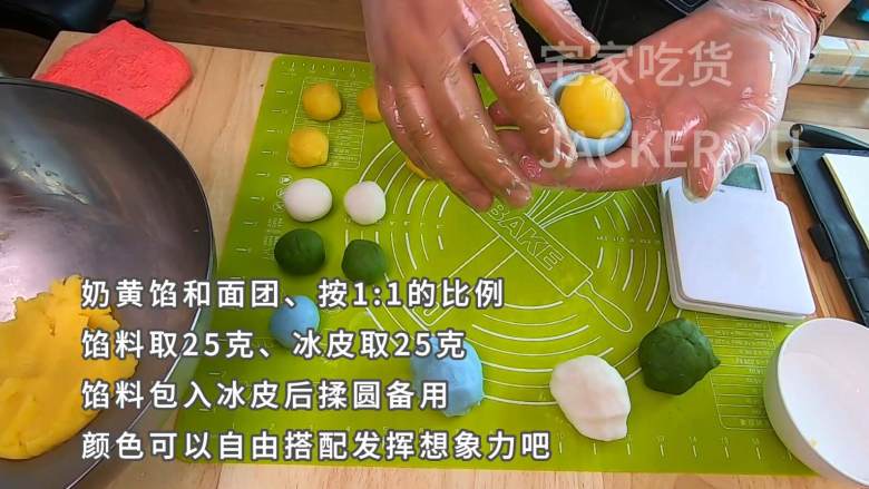 超简单的冰皮月饼,加上超好吃的奶黄馅,孩子也能轻松上手。,取出冷藏后方便操作的奶黄馅,按1:1的比例,馅料取25克,冰皮取25克,包好揉圆备用。