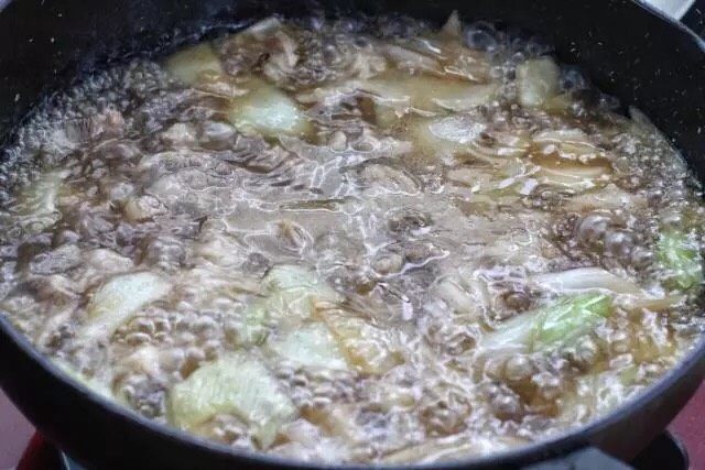 红烧牛腩,添入足够量的热水没过锅中食材,大火煮沸后改中小火炖煮约一个小时。