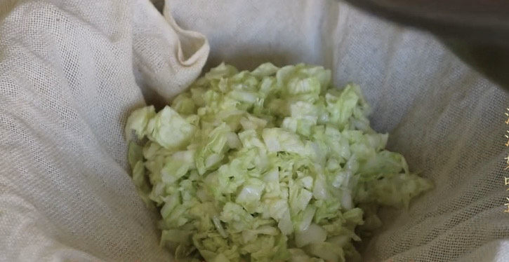 猪肉白菜水饺,差不多一个小时了,大白菜洗净出水很多了,把大包菜放入纱布中,可以方便挤掉多余的水分。
