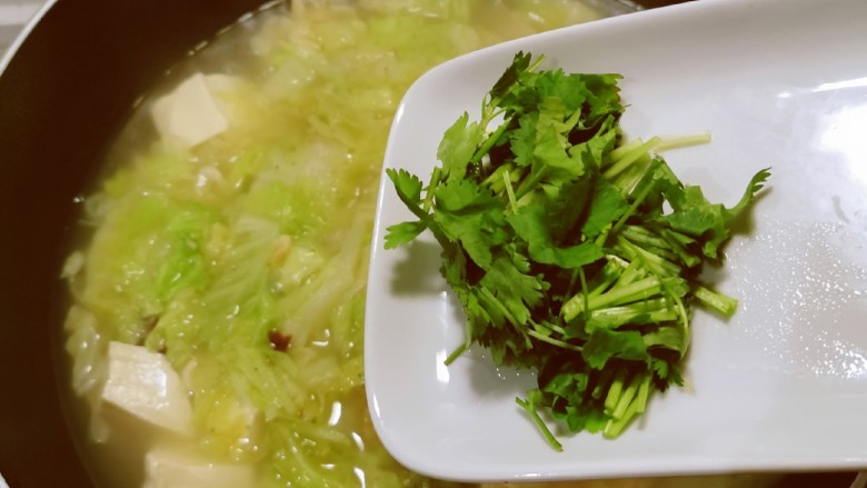 白菜豆腐汤,放入香菜，关火。