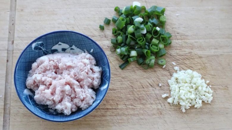肉末炖豆腐,猪肉用料理机打成肉糜,切葱花和蒜末备用。