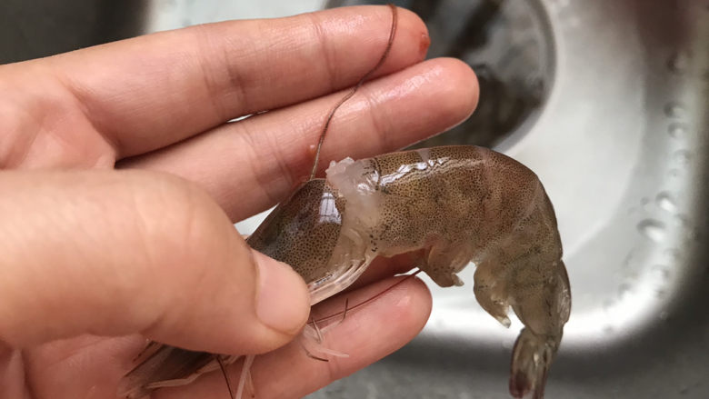 黄瓜炒虾仁,虾先抽去虾线虾肠,剥去虾皮