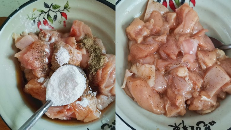 爆炒鸡胸肉,加入一勺淀粉,抓拌均匀腌制半小时