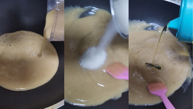 板栗饼,倒入不粘锅,加入糖,油,小火不停的翻炒