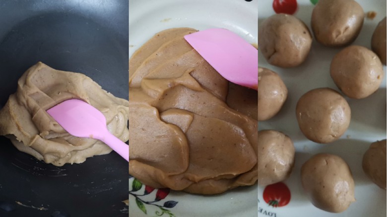 板栗饼,炒至板栗馅报团,不粘铲子就可以了,盛出来晾至常温,分成大小均匀的剂子,揉成小球,每个大概25克