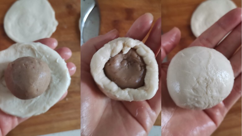 板栗饼,取一个剂子用手掌压成薄饼片,包入板栗馅,像包汤圆一样,一手按住板栗馅,转动饼坯慢慢用虎口收紧,收口捏紧朝下
