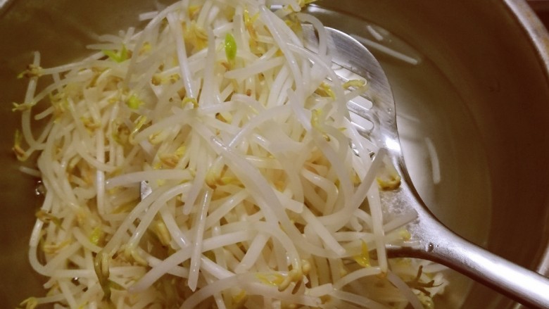 豆芽炒粉丝,放入开水中汆烫,快速捞出。