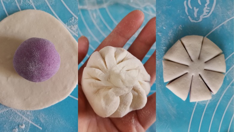 紫薯双色花朵馒头,取一个白色面团擀成饼状,包入紫色面团,再擀成饼,用刀切成8等份