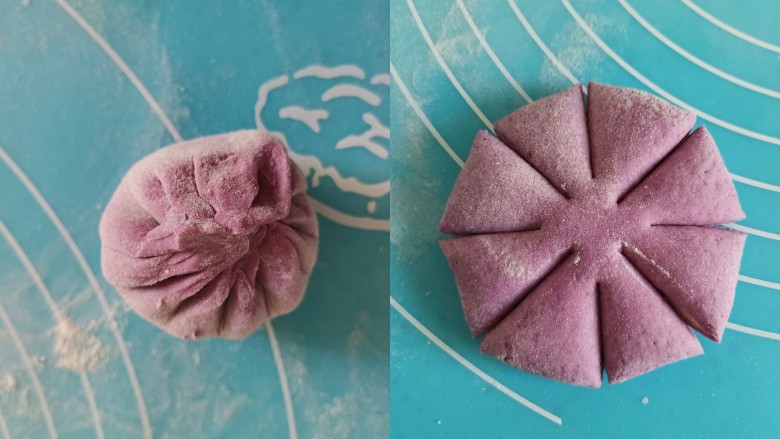 紫薯双色花朵馒头,做紫色花朵也是一样的操作,紫色面皮包住白色面团,擀成饼,分成8等份