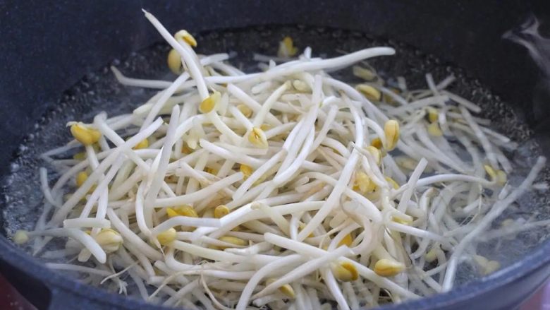 豆芽炒粉丝,锅中烧开水,下入黄豆芽焯烫二十秒左右捞出。