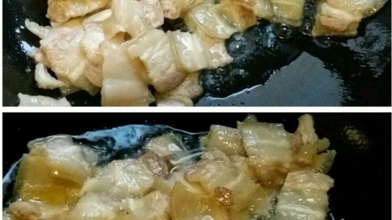 回锅肉,7热锅下少许油滑锅，下肉片中火编
炒，至肉片出油，开始打卷。
