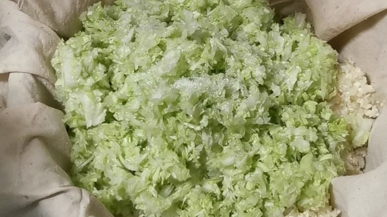 翡翠白菜饺子,白菜多岁加入五克盐,抓拌均匀腌制两分钟,挤干水分