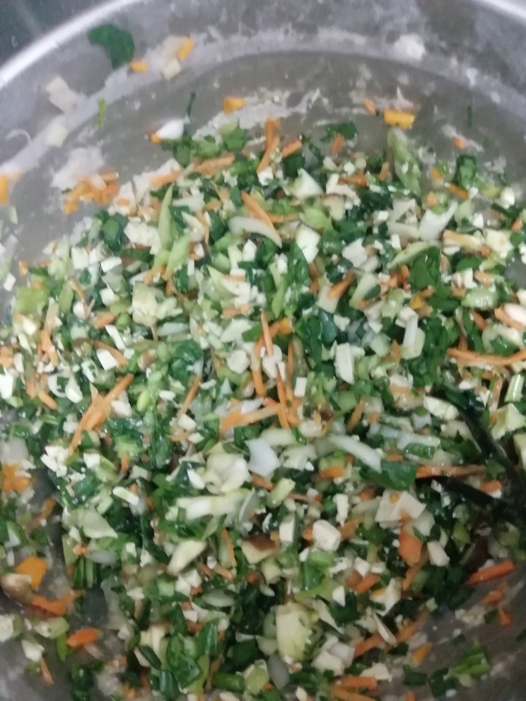 蔬菜包子,包子馅儿,可以根据自己的喜好。因为时间仓促,菜都切的很粗操。因为给小孩吃,所以菜放多了一点。切菜这些都没有拍。