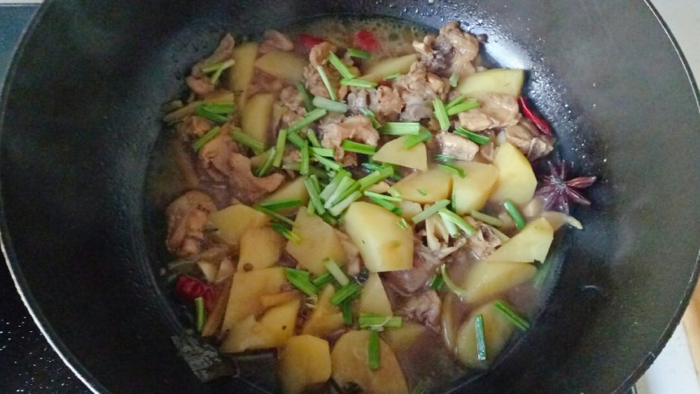 鸡肉炖土豆,出锅前撒些蒜苗提味