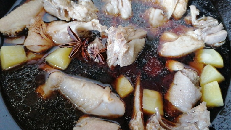 鸡肉炖土豆,加入适量水和两个<a style='color:red;display:inline-block;' href='/shicai/ 135'>茴香</a>开始炖