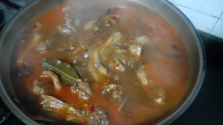 萝卜炖鸭肉,加水沫过鸭肉就行炖煮开后,转小火炖20分钟