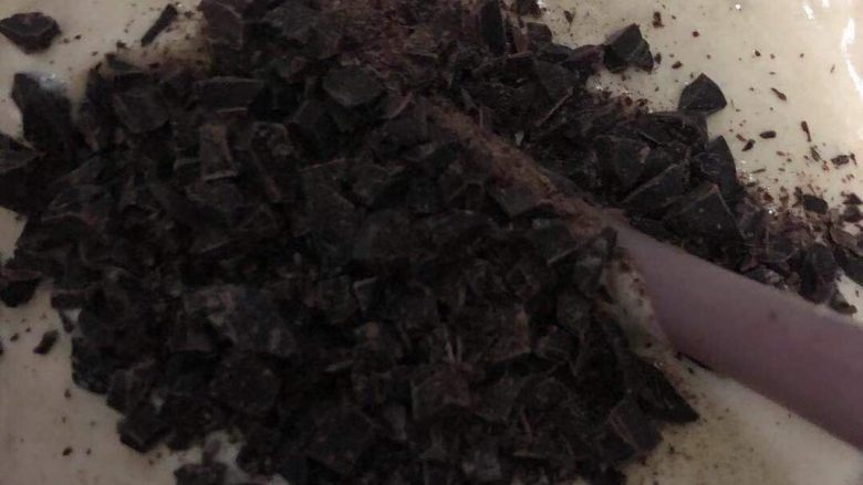 香蕉黑巧粘米粉戚风,加入黑巧克力碎,翻拌几次。