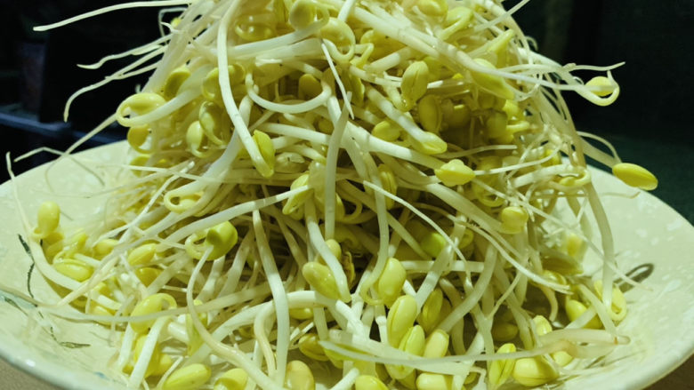 清炒黄豆芽,捞起、沥干水,装盘待用