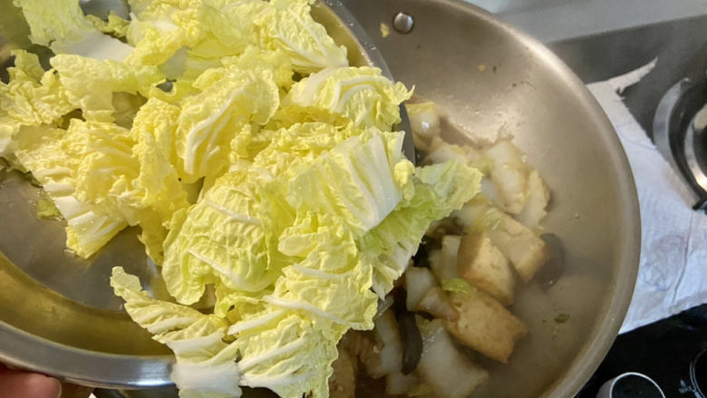 白菜炒豆腐➕五花肉白菜炒豆腐,开盖,加入白菜叶翻炒均匀,继续加盖炖煮2分钟