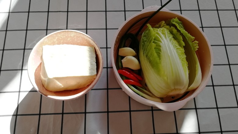 白菜炒豆腐,准备好所有食材，<a style='color:red;display:inline-block;' href='/shicai/ 465'>豆腐</a>、<a style='color:red;display:inline-block;' href='/shicai/ 114'>白菜</a>、<a style='color:red;display:inline-block;' href='/shicai/ 157'>小葱</a>等洗净