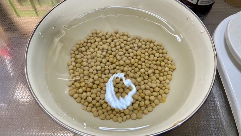 酱黄豆,加入适量清水,浸泡一晚,阿晨泡了约12个小时