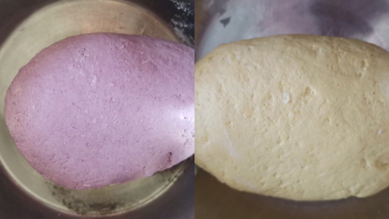 南瓜紫薯馒头,分别揉成光滑的面团,放在温暖的地方发酵至原来的2倍大