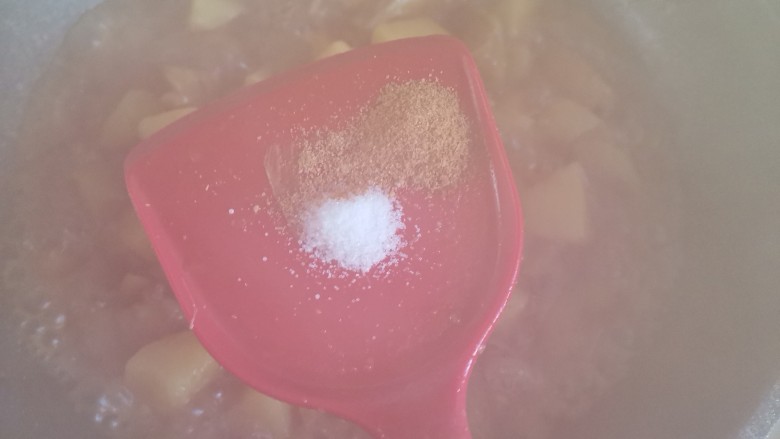 茄子炖土豆,加入适量的盐,五香粉翻炒均匀即可出锅