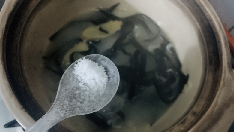 冬瓜海带汤,煮至沸腾后,转小火煮至冬瓜变得透明白玉一般,也变的软烂后,加适量盐调味