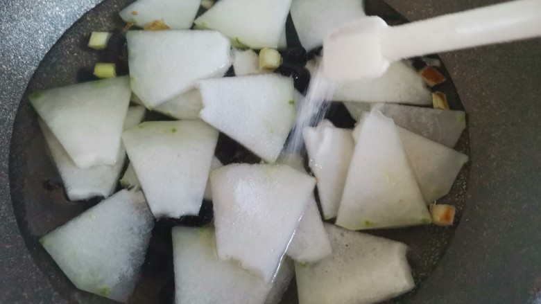 冬瓜虾米汤,加入适量的水,下入冬瓜,加入适量的盐,大火煮开