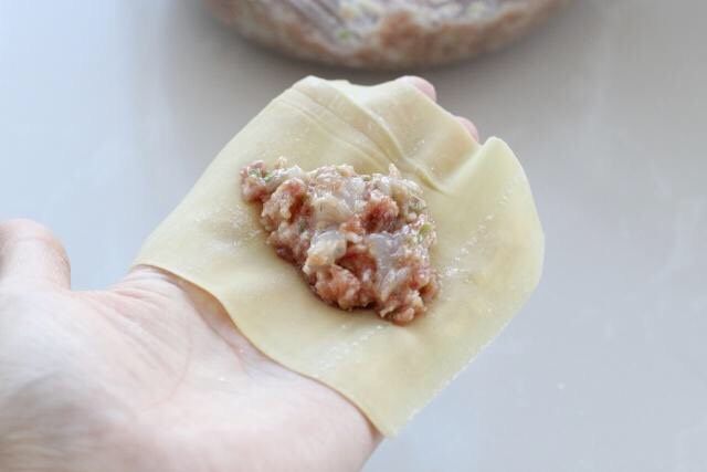 鲜肉小馄饨,取一张<a style='color:red;display:inline-block;' href='/shicai/ 4453'>馄饨皮</a>用左手托住，中间放适量的馅料。买来的<a style='color:red;display:inline-block;' href='/shicai/ 4453'>馄饨皮</a>比较干，可以在边缘涂抹一点清水。