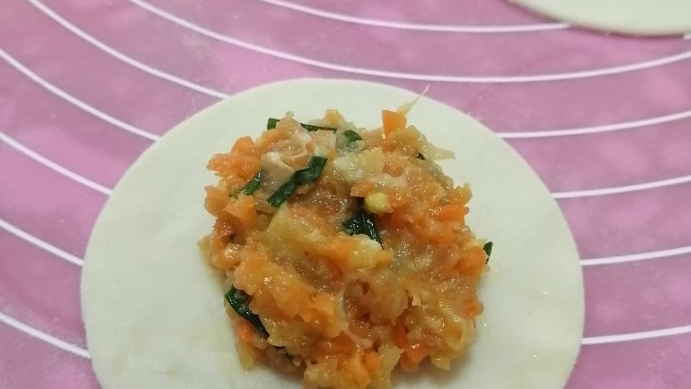包胡萝卜饺子,取一个饺子皮,放入饺子馅料