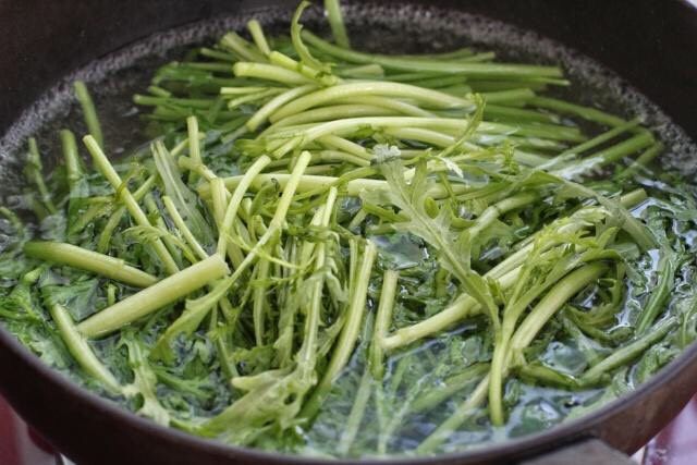 凉拌茼蒿,锅中烧开水淋入一茶匙食用油，然后将茼蒿放入锅中焯烫1-2分钟捞出过凉水。