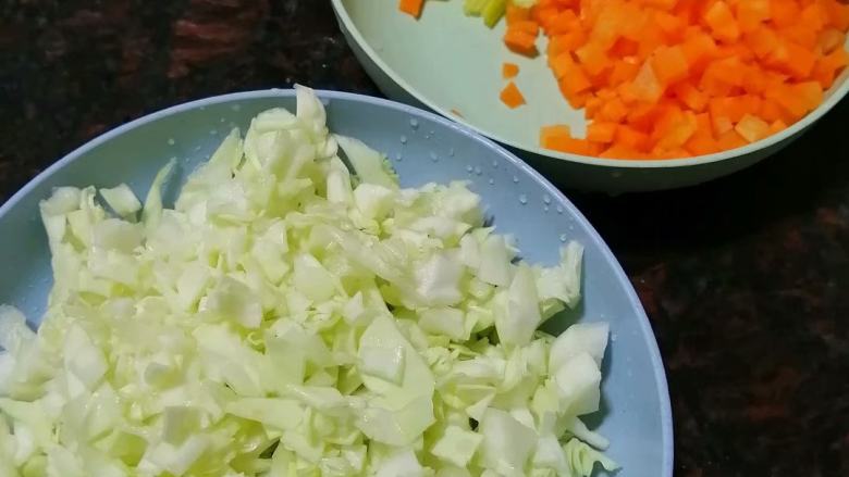 家常炒冷饭,<a style='color:red;display:inline-block;' href='/shicai/ 3511'>包菜</a>切碎，<a style='color:red;display:inline-block;' href='/shicai/ 25'>胡萝卜</a>切丁，<a style='color:red;display:inline-block;' href='/shicai/ 62'>辣椒</a>切丁